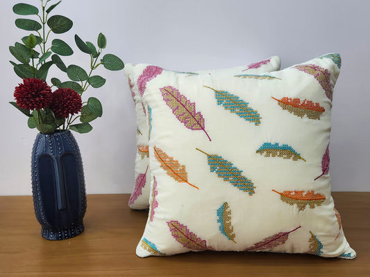 Boho Feathers White & Multi Coloured Cushion cover